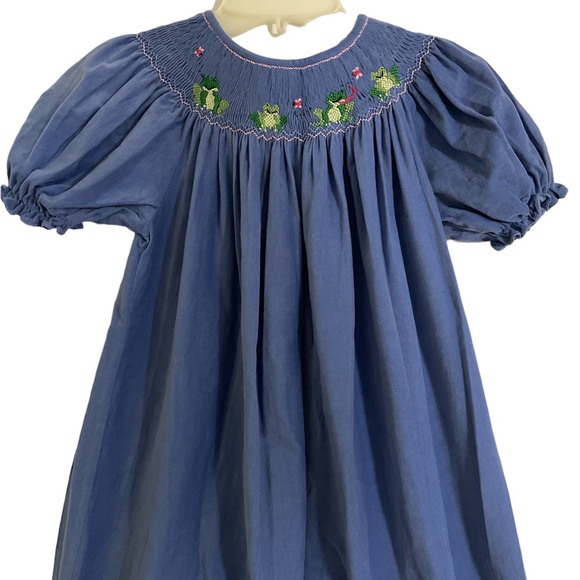 Anavini girls smocked frogs bishop long corduroy dress blue pink 6X - Picture 2 of 7